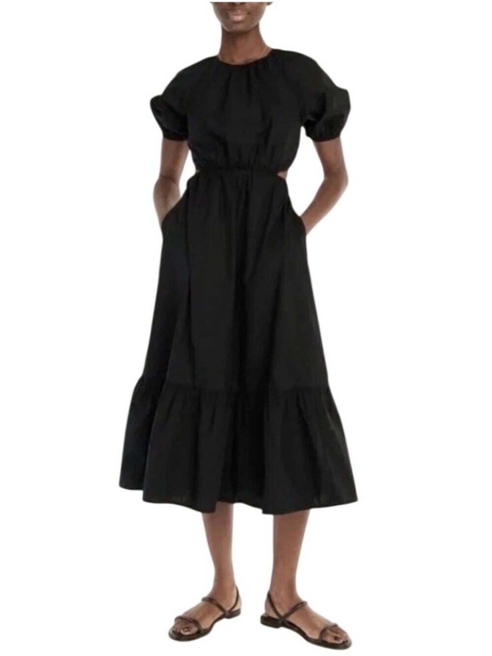 J.Crew Side-Cutout Cotton Poplin Midi Dress Women's Size 0 Zipper Black EUC